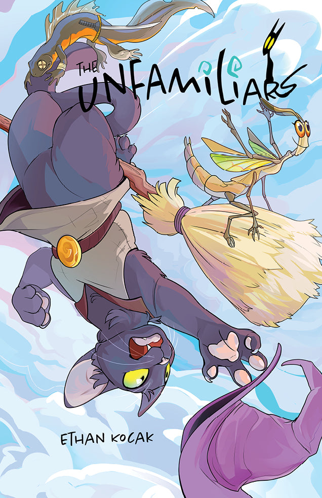 Cover of 'The Unfamiliars' with cartoon characters and title text.